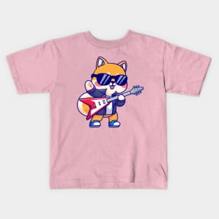 Cute Shiba Inu Playing Electric Guitar Cartoon Kids T-Shirt